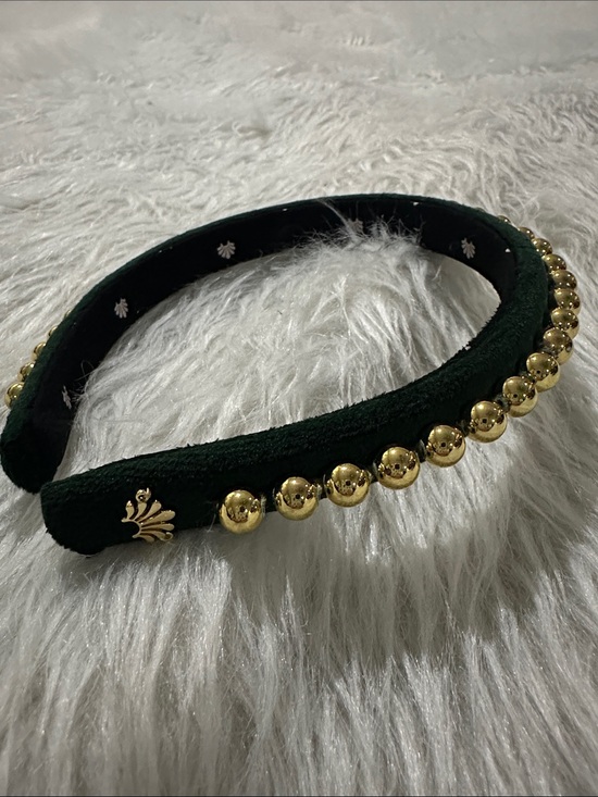Lele Sadoughi Accessories - Lele Sadoughi Emerald Green Velvet Headband with Gold Bead Trim